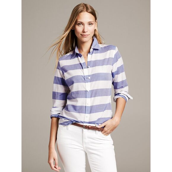 BANANA REPUBLIC Soft Wash Shirt Striped Blue White Coastal Beachy Cotton Large - Picture 1 of 6